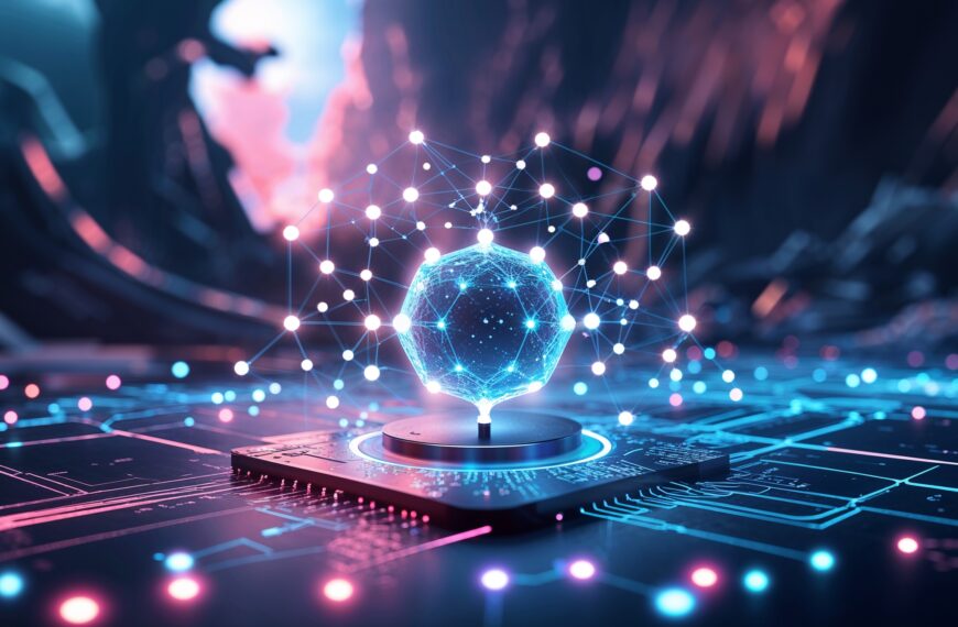 Futuristischer KI-Prozessor mit holografischem neuronalen Netzwerk, das auf einem Mikrochip in einer High-Tech-Umgebung schwebt