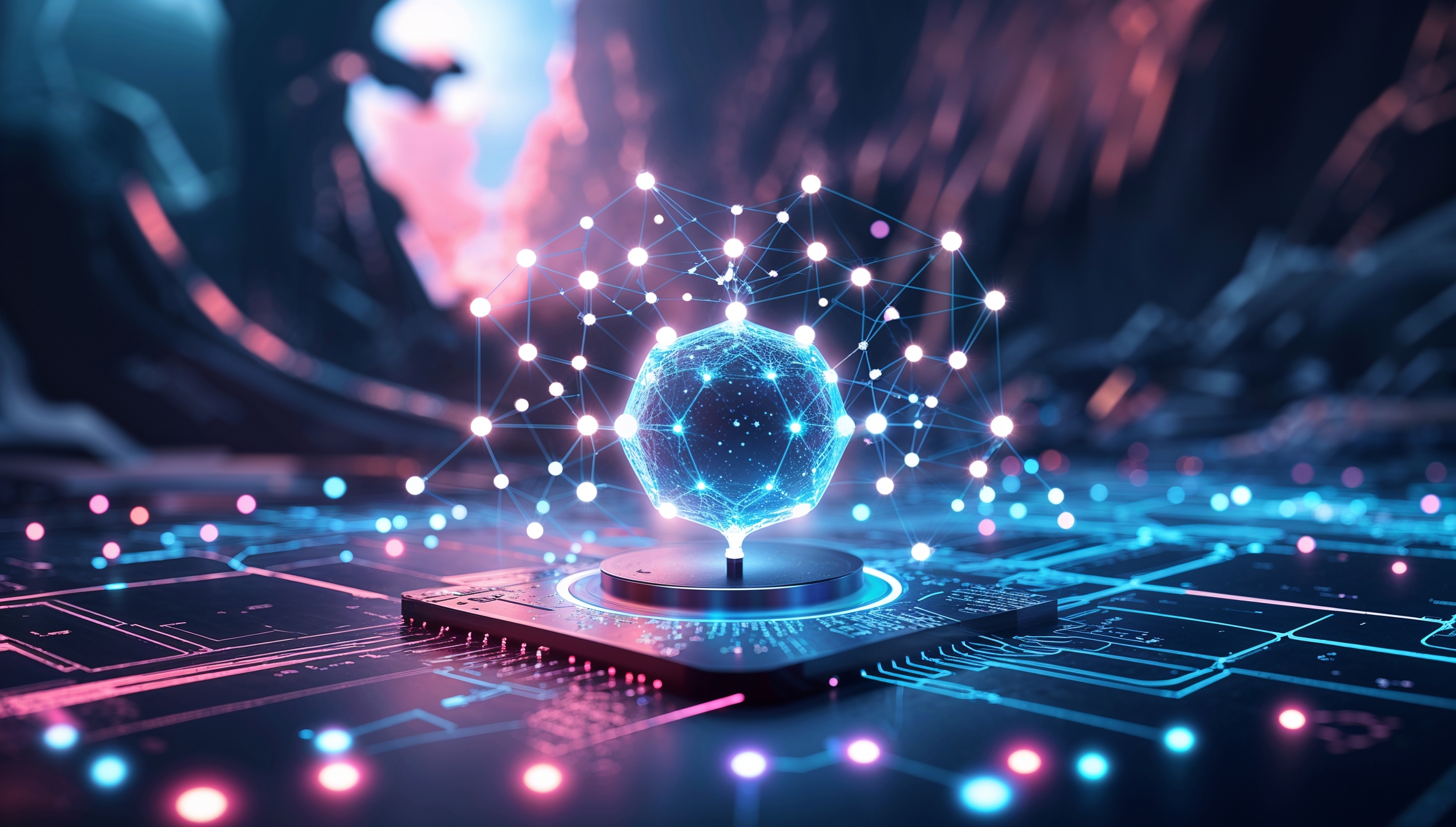 Futuristischer KI-Prozessor mit holografischem neuronalen Netzwerk, das auf einem Mikrochip in einer High-Tech-Umgebung schwebt