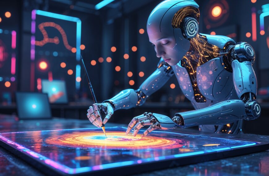 KI-Roboter erstellt digitales Kunstwerk auf einem holografischen Tablet, futuristische Szene mit blauen und orangen Neonlichtern