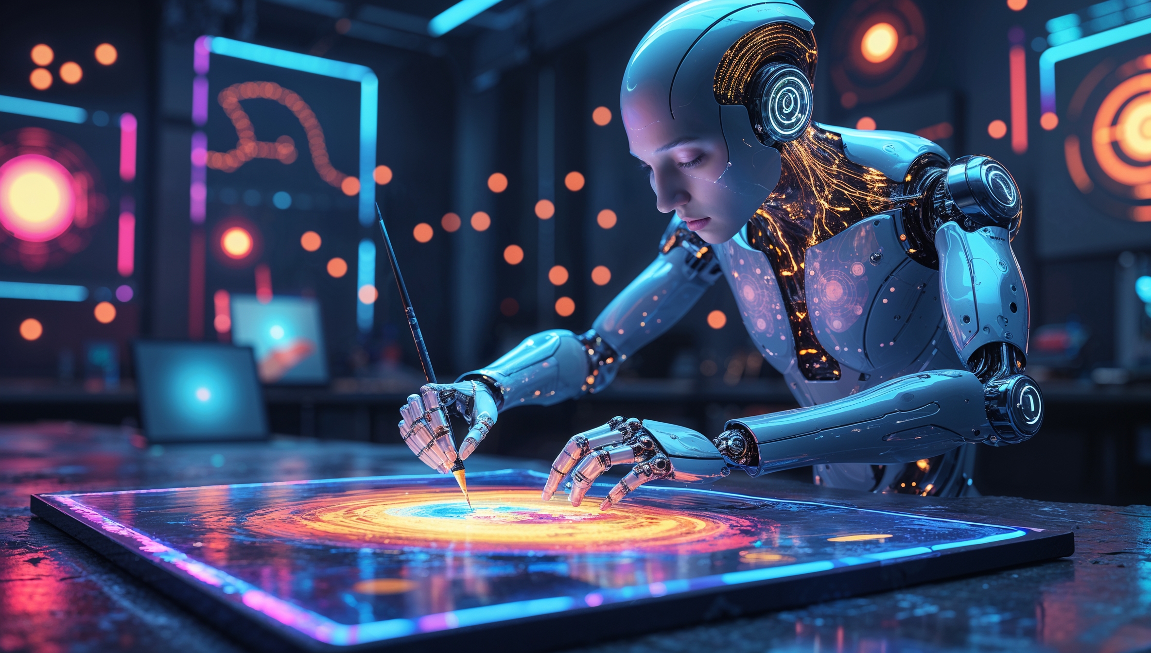 KI-Roboter erstellt digitales Kunstwerk auf einem holografischen Tablet, futuristische Szene mit blauen und orangen Neonlichtern