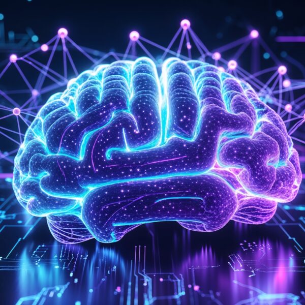 Futuristisches digitales Gehirn mit leuchtendem neuronalen Netzwerk, verbunden mit KI-Technologie und komplexen Datenstrukturen