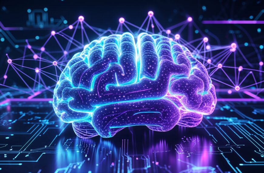 Futuristisches digitales Gehirn mit leuchtendem neuronalen Netzwerk, verbunden mit KI-Technologie und komplexen Datenstrukturen