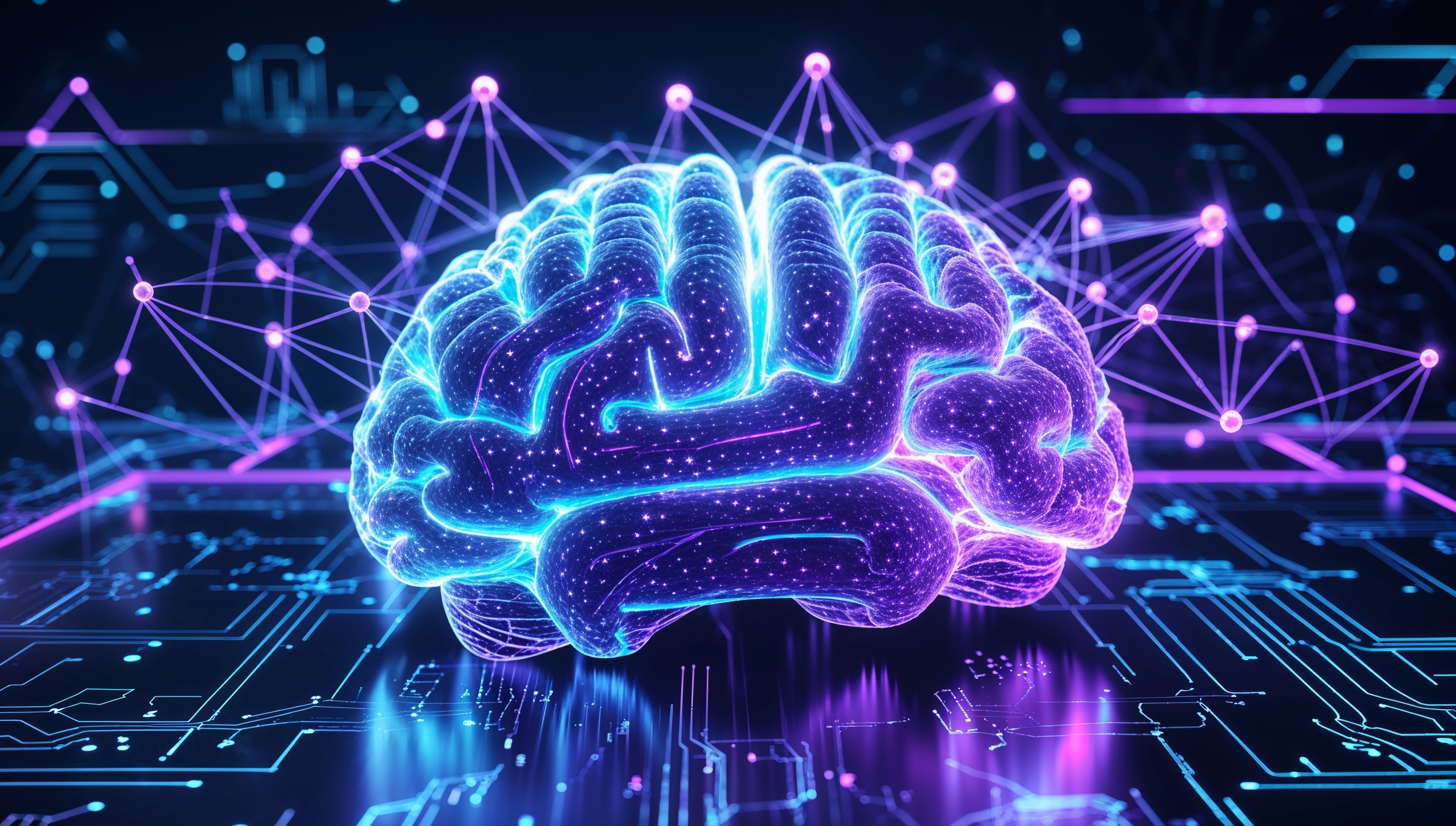 Futuristisches digitales Gehirn mit leuchtendem neuronalen Netzwerk, verbunden mit KI-Technologie und komplexen Datenstrukturen