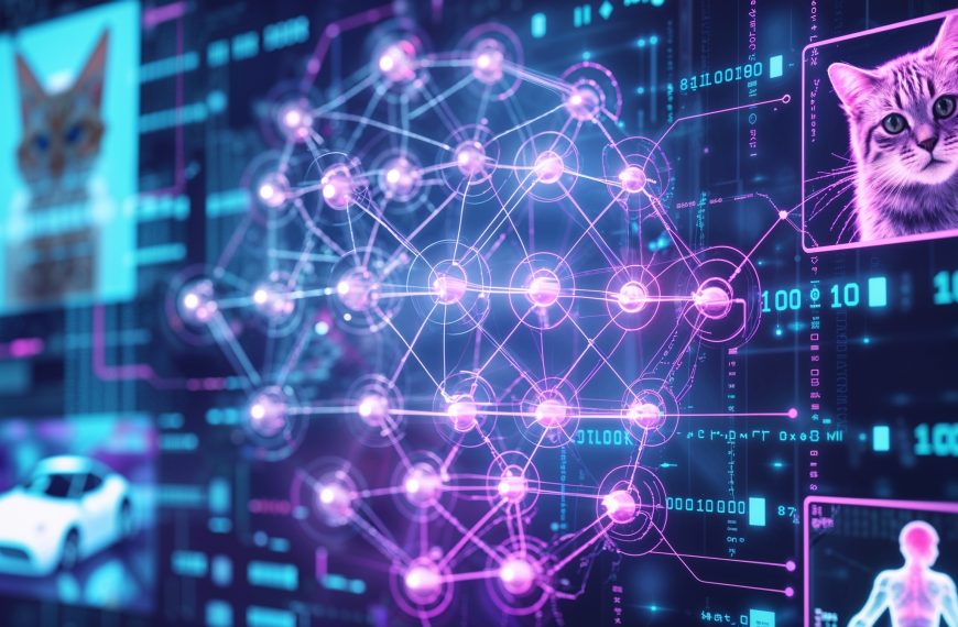 Futuristische Visualisierung eines neuronalen Netzwerks, das KI-gestützte Bilderkennung für Katzen, Autos und Objekte durchführt