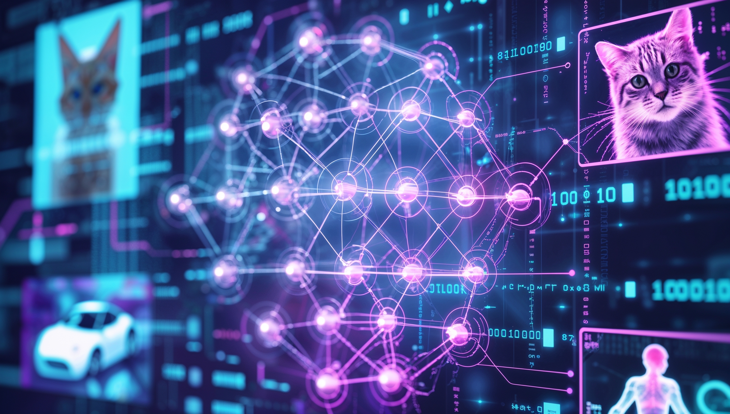 Futuristische Visualisierung eines neuronalen Netzwerks, das KI-gestützte Bilderkennung für Katzen, Autos und Objekte durchführt
