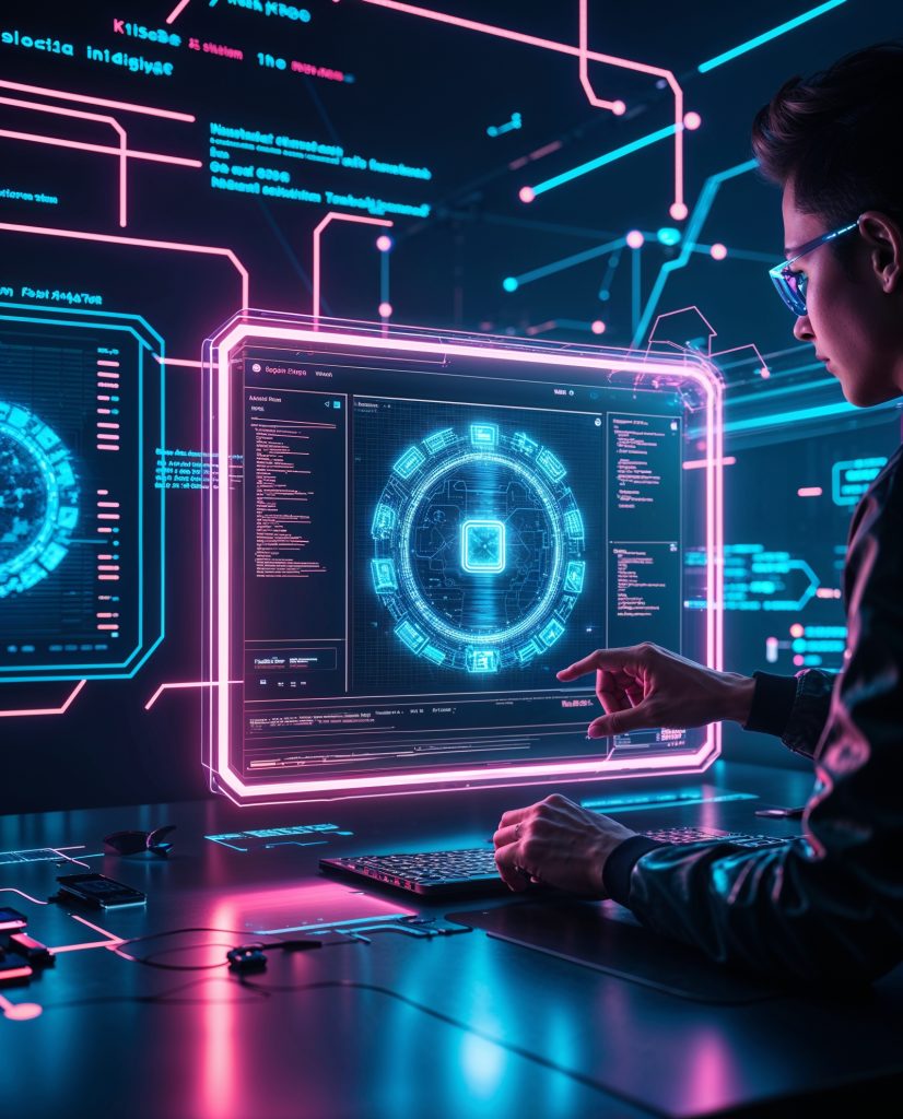 A_futuristic_digital_workspace_featuring_a_0 Ein Nutzer arbeitet an einem futuristischen Computerinterface mit holografischen Elementen. Der Bildschirm zeigt ein hochkomplexes, digitales Schema, das an kryptografische Sicherheitssysteme oder KI-gestützte Datenanalyse erinnert. Neonfarbenes Licht in Blau und Pink verstärkt die High-Tech-Atmosphäre