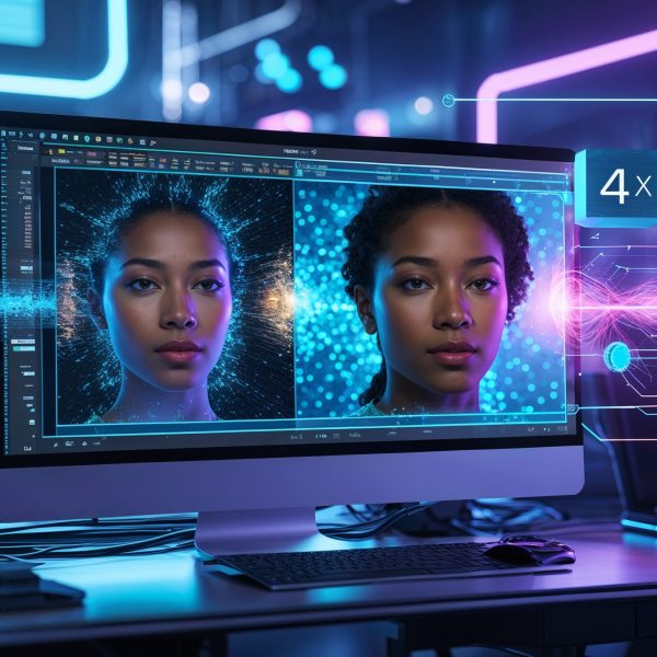 Futuristischer Arbeitsplatz mit KI-generierten Porträts auf einem Monitor und digitalen Effekten im Hintergrund.