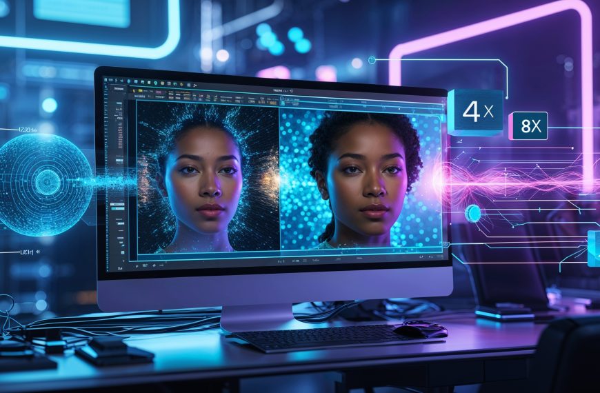 Futuristischer Arbeitsplatz mit KI-generierten Porträts auf einem Monitor und digitalen Effekten im Hintergrund.