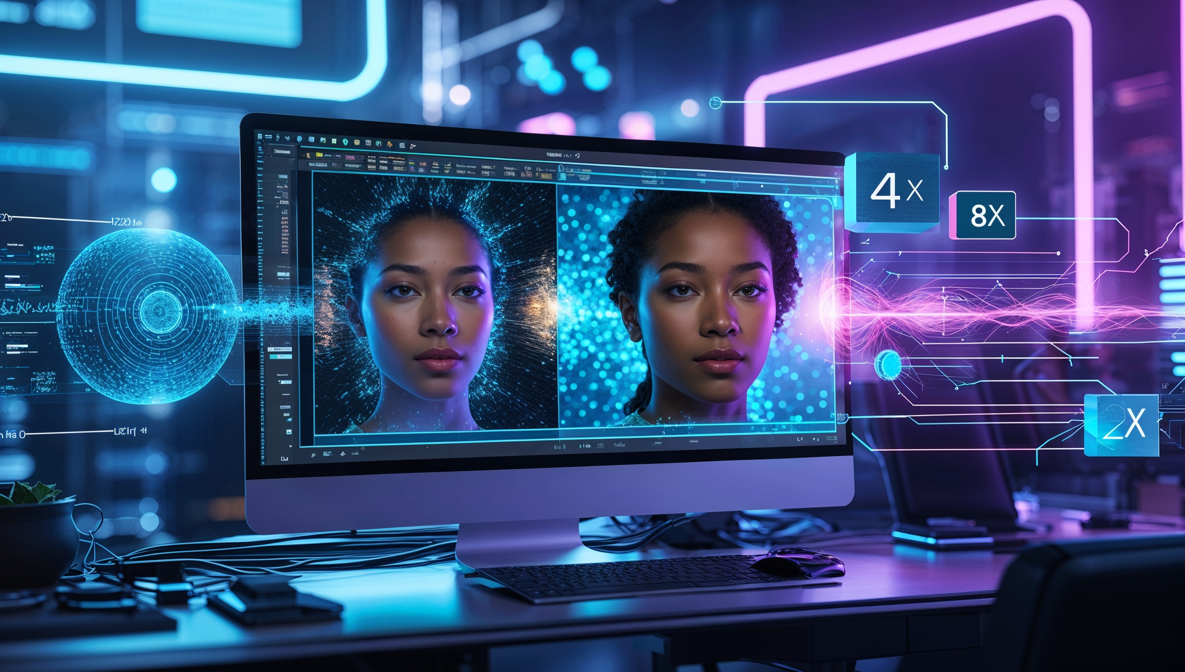 Futuristischer Arbeitsplatz mit KI-generierten Porträts auf einem Monitor und digitalen Effekten im Hintergrund.