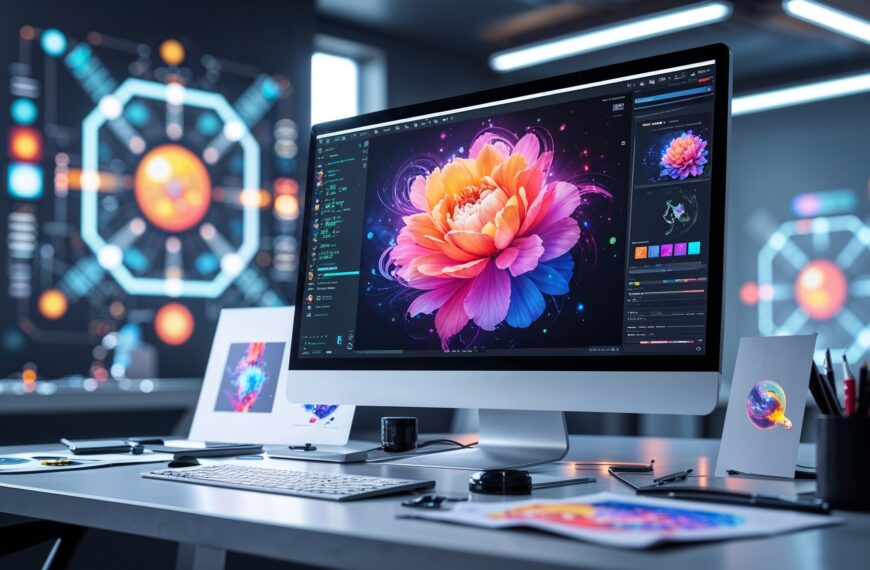 Moderner kreativer KI-Arbeitsplatz mit Bildschirm für Grafikdesign, digitale Blume, futuristisches Design-Studio