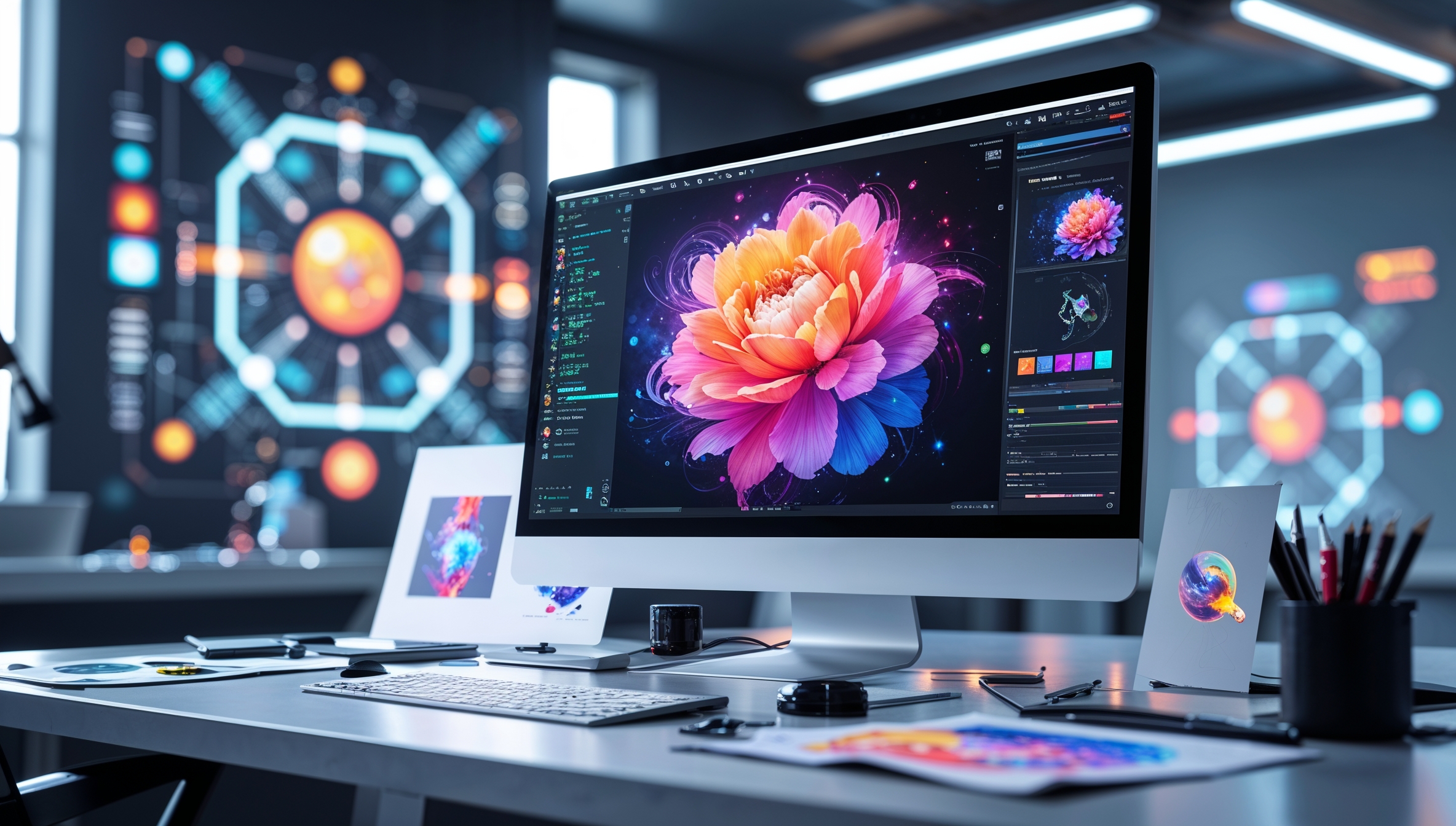 Moderner kreativer KI-Arbeitsplatz mit Bildschirm für Grafikdesign, digitale Blume, futuristisches Design-Studio