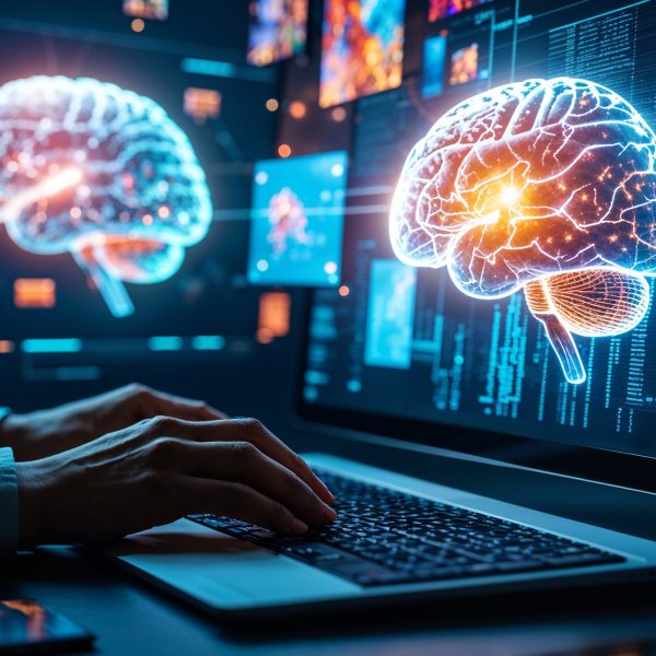 Person tippt am Laptop, umgeben von holografischen Gehirnmodellen auf Bildschirmen – Symbol für KI.