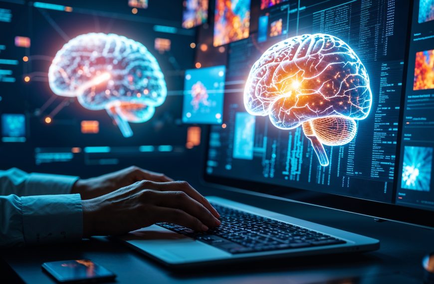 Person tippt am Laptop, umgeben von holografischen Gehirnmodellen auf Bildschirmen – Symbol für KI.