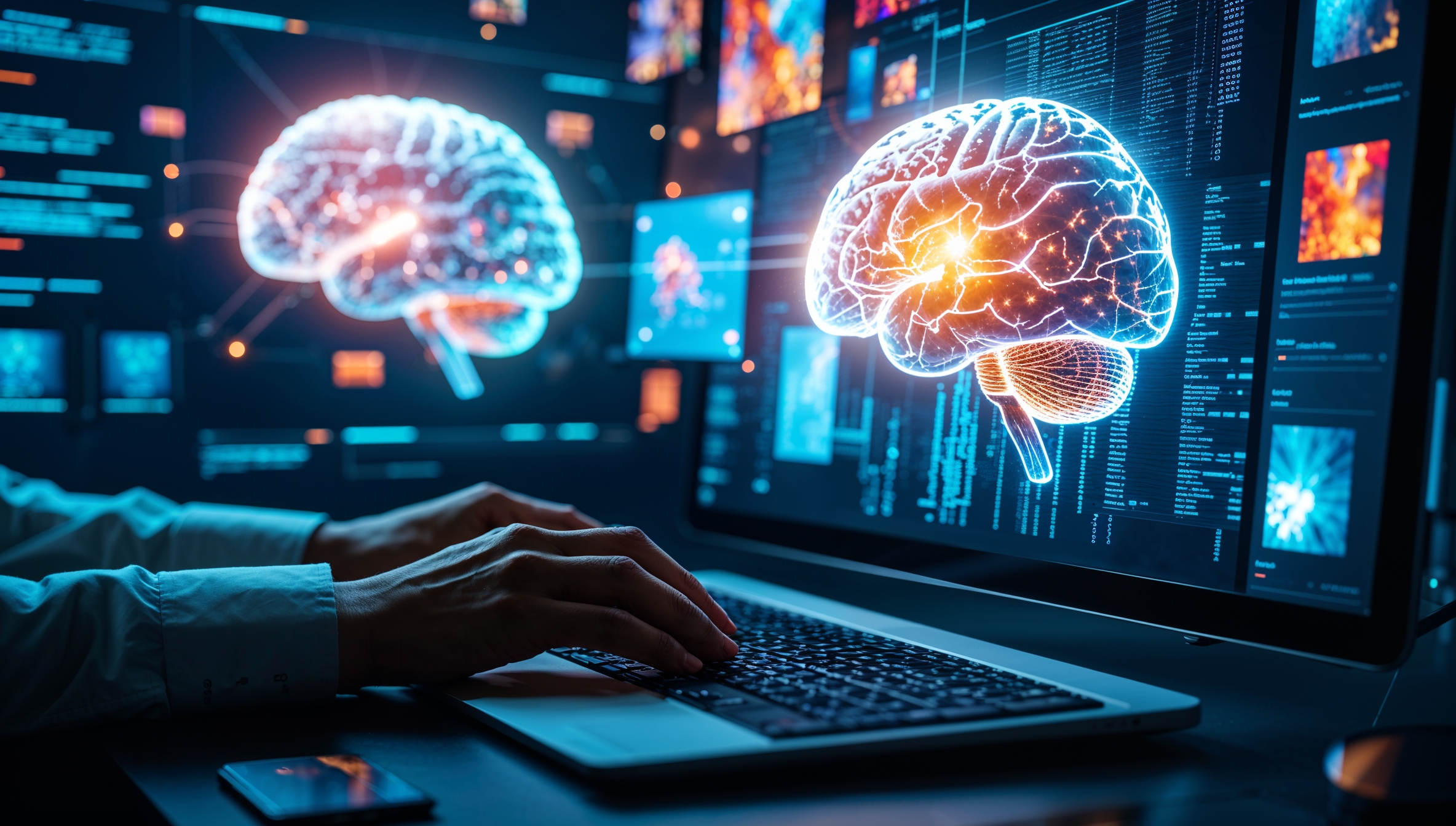 Person tippt am Laptop, umgeben von holografischen Gehirnmodellen auf Bildschirmen – Symbol für KI.