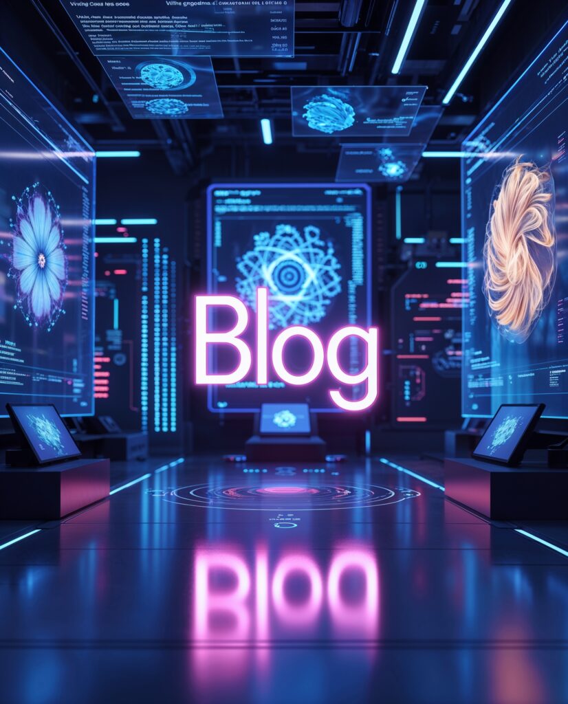 Futuristische Blog-Umgebung mit Neon-Schriftzug, holografischen Displays und Hightech-Design in Blau- und Pinktönen