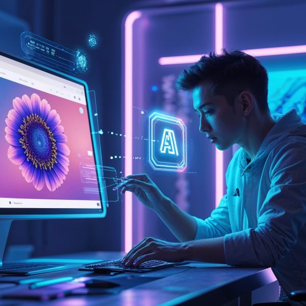 Designer erstellt KI-generierte Kunst auf einem futuristischen Computer mit holografischer Benutzeroberfläche in einer High-Tech-Umgebung