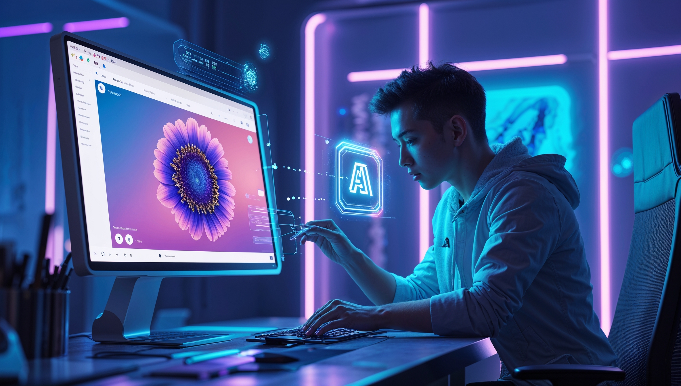 Designer erstellt KI-generierte Kunst auf einem futuristischen Computer mit holografischer Benutzeroberfläche in einer High-Tech-Umgebung