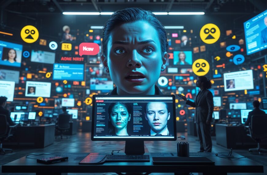 Frau im digitalen Überwachungsraum, umgeben von KI-gestützten Datenanalysen und sozialen Medien.