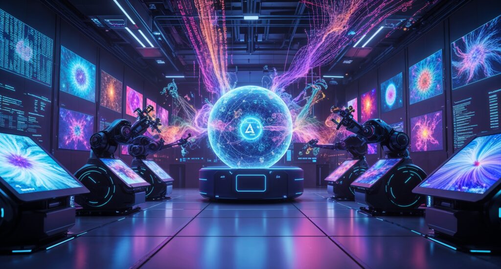 A_futuristic_scene_depicting_a_highly_adva_0 Futuristisches KI-Labor mit holografischer Datenkugel, Roboterarmen und digitalen Visualisierungen in einer High-Tech-Umgebung