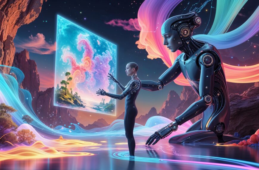 Futuristische Szene mit humanoidem Roboter und Mensch vor virtuellem Bildschirm, farbenfroher Fantasy-Landschaft