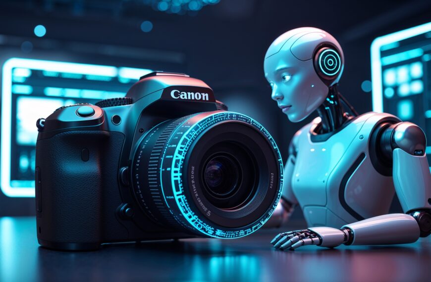 KI-Roboter mit professioneller Canon-Kamera, futuristische Fotografie und künstliche Intelligenz, blaue Neon-Beleuchtung