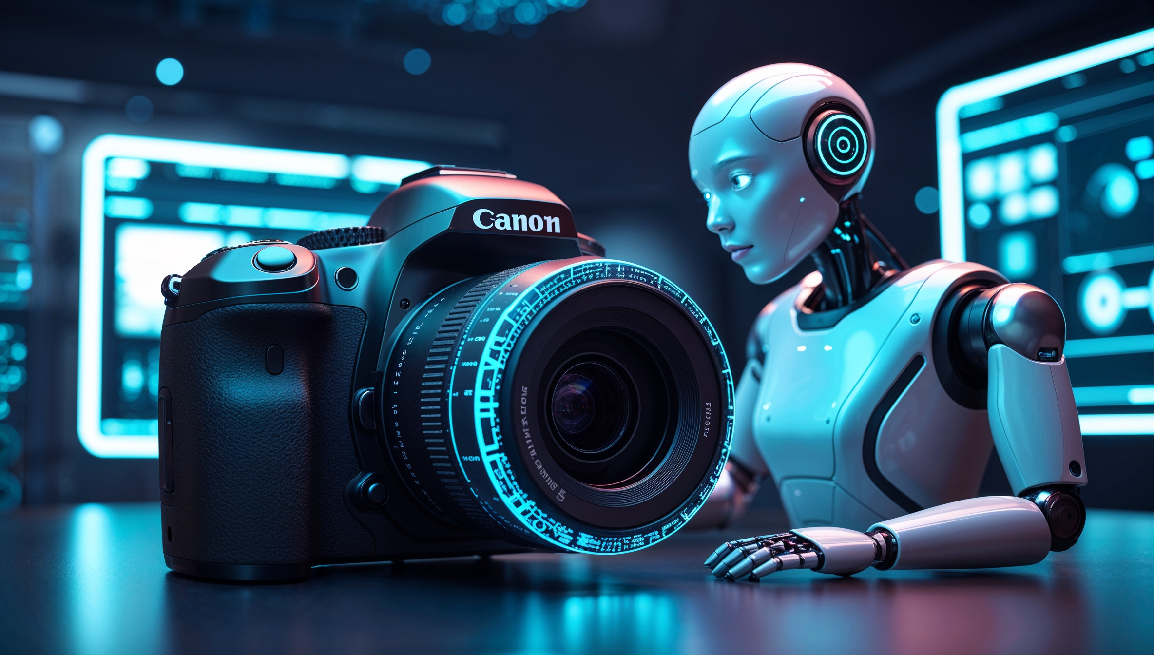 KI-Roboter mit professioneller Canon-Kamera, futuristische Fotografie und künstliche Intelligenz, blaue Neon-Beleuchtung