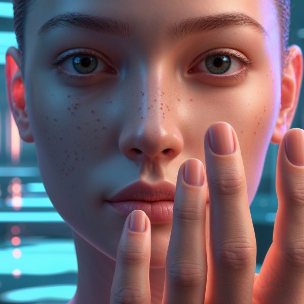 Eine Frau betrachtet ihr eigenes Gesicht nachdenklich in einer futuristischen Umgebung
