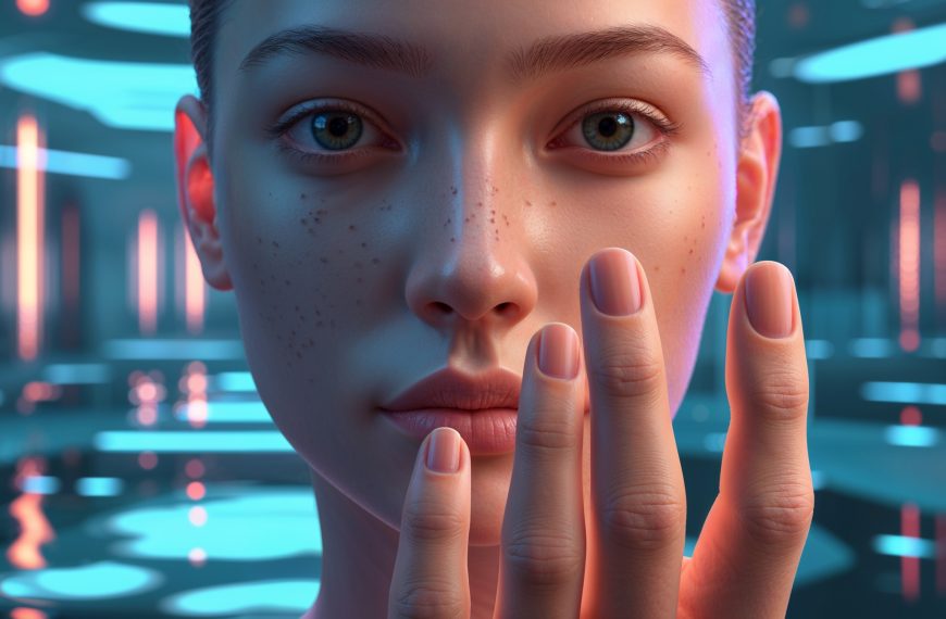 Eine Frau betrachtet ihr eigenes Gesicht nachdenklich in einer futuristischen Umgebung