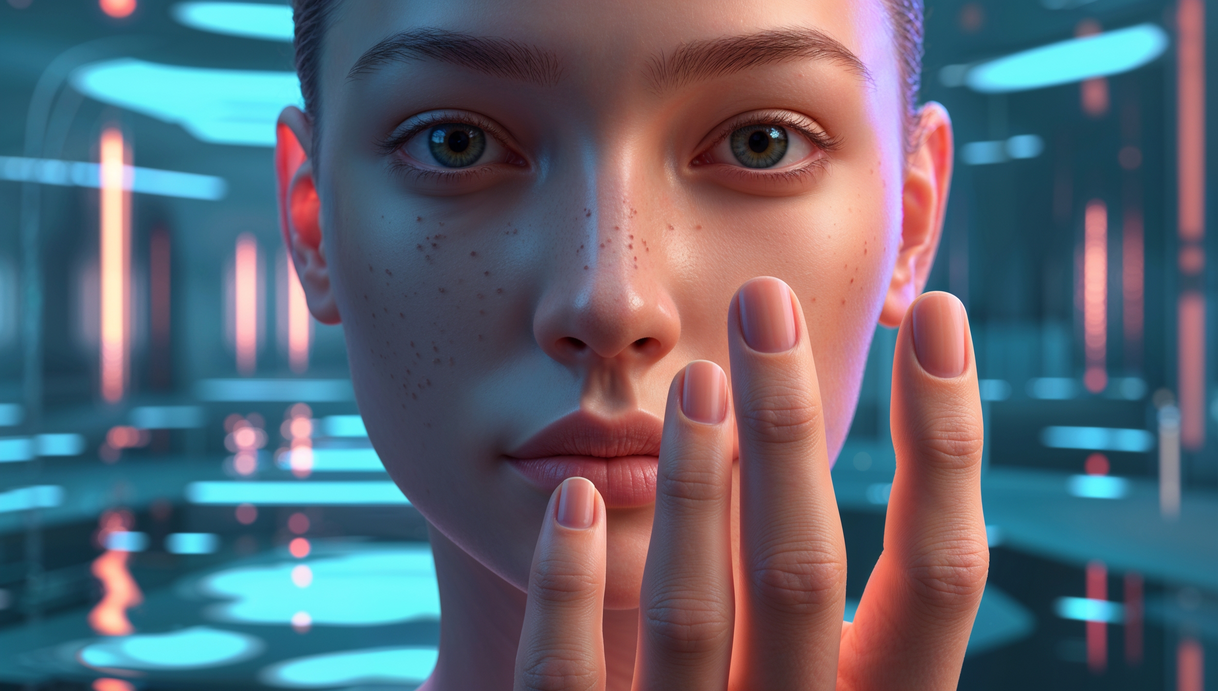 Eine Frau betrachtet ihr eigenes Gesicht nachdenklich in einer futuristischen Umgebung