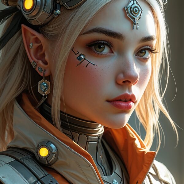 Porträt einer futuristischen Frau im Cyberpunk-Stil, Schmuck und Technologieelemente, digitale Ästhetik und sanftes Licht