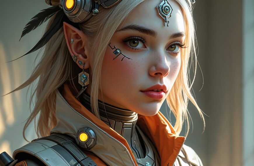 Porträt einer futuristischen Frau im Cyberpunk-Stil, Schmuck und Technologieelemente, digitale Ästhetik und sanftes Licht