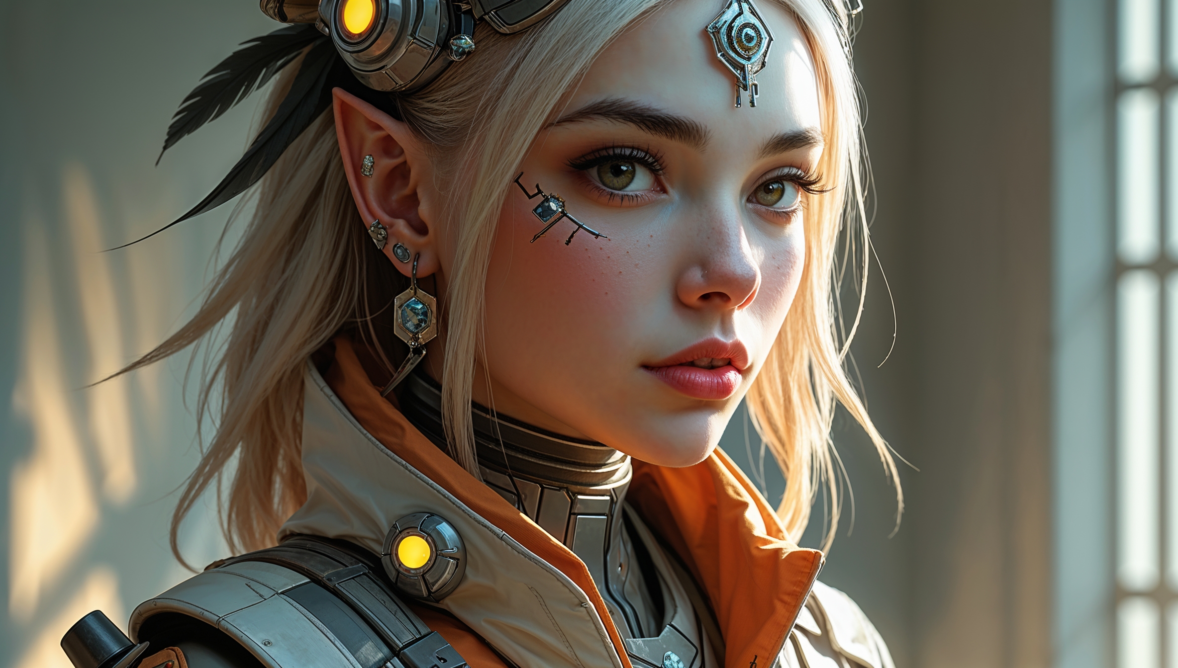 Porträt einer futuristischen Frau im Cyberpunk-Stil, Schmuck und Technologieelemente, digitale Ästhetik und sanftes Licht
