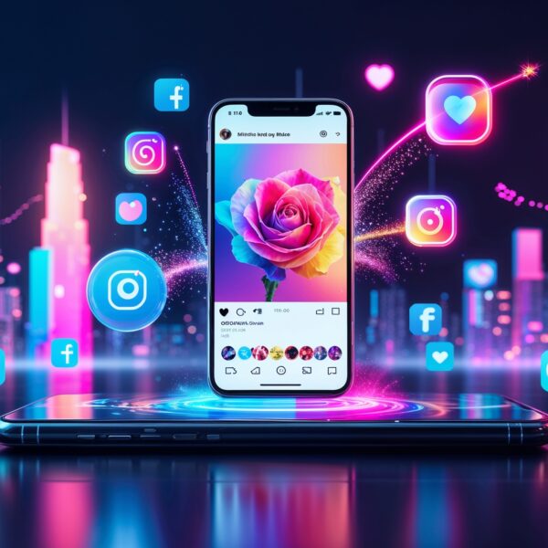 Smartphone mit Instagram-App, umgeben von bunten Social-Media-Symbolen vor futuristischer Stadtkulisse in Neonfarben