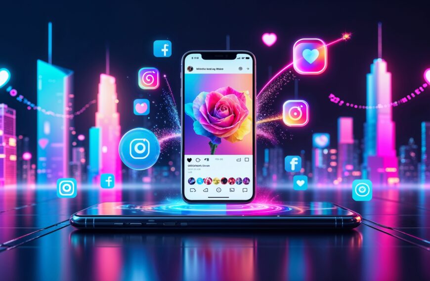 Smartphone mit Instagram-App, umgeben von bunten Social-Media-Symbolen vor futuristischer Stadtkulisse in Neonfarben