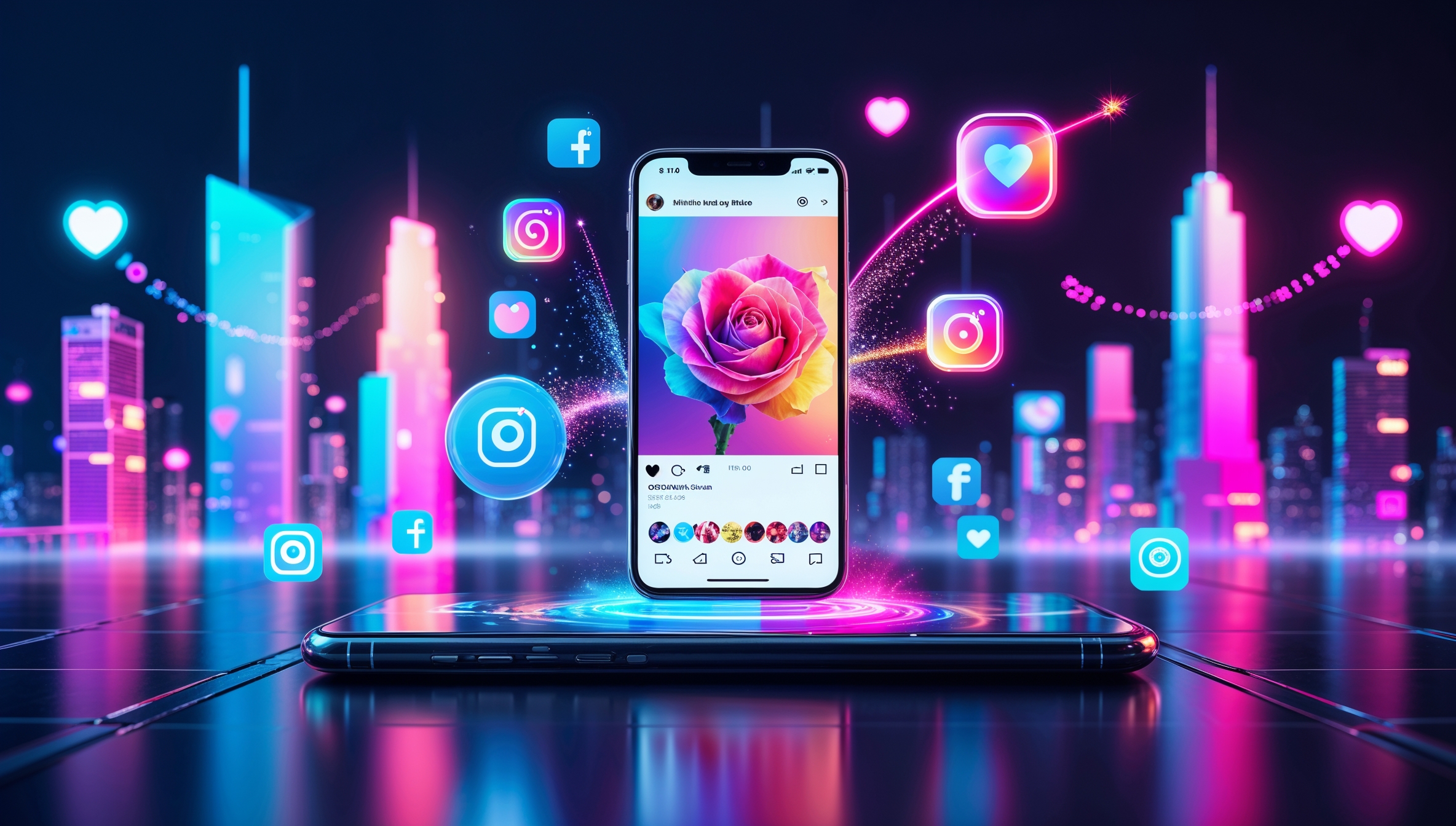 Smartphone mit Instagram-App, umgeben von bunten Social-Media-Symbolen vor futuristischer Stadtkulisse in Neonfarben
