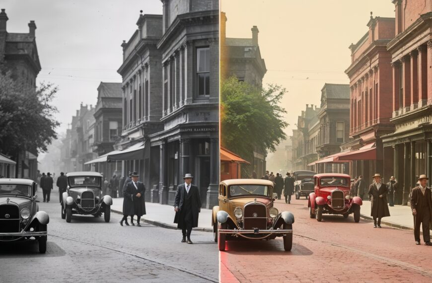 Historische Straßenszene mit Oldtimern und Menschen, Vergleich von Schwarzweiß und farbiger Restaurierung