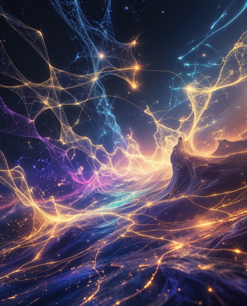 A_mesmerizing_futuristic_digital_artwork_i_0 Ein leuchtendes Netzwerk aus goldenen und blauen Energielinien durchzieht eine surreale Landschaft.