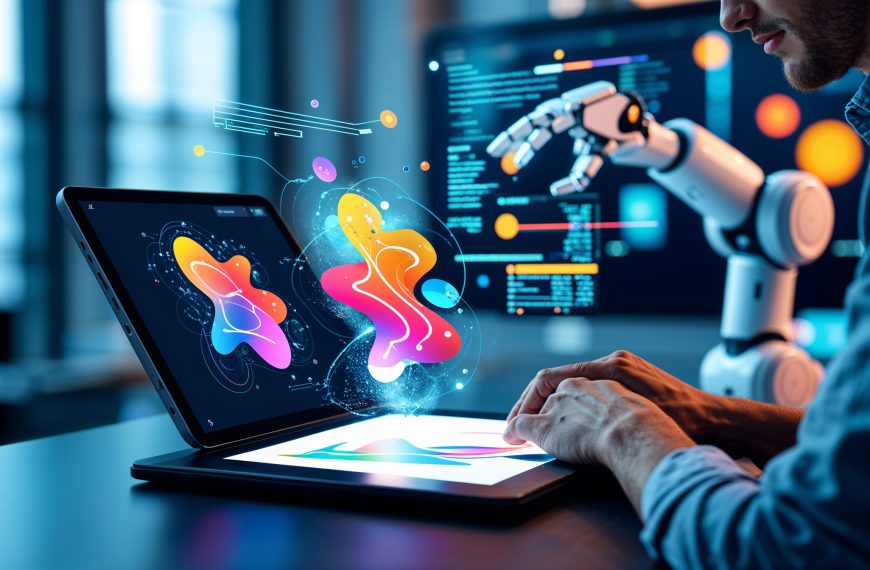 Grafikdesigner erstellt mit KI-Unterstützung ein farbenfrohes Design an einem digitalen Arbeitsplatz.