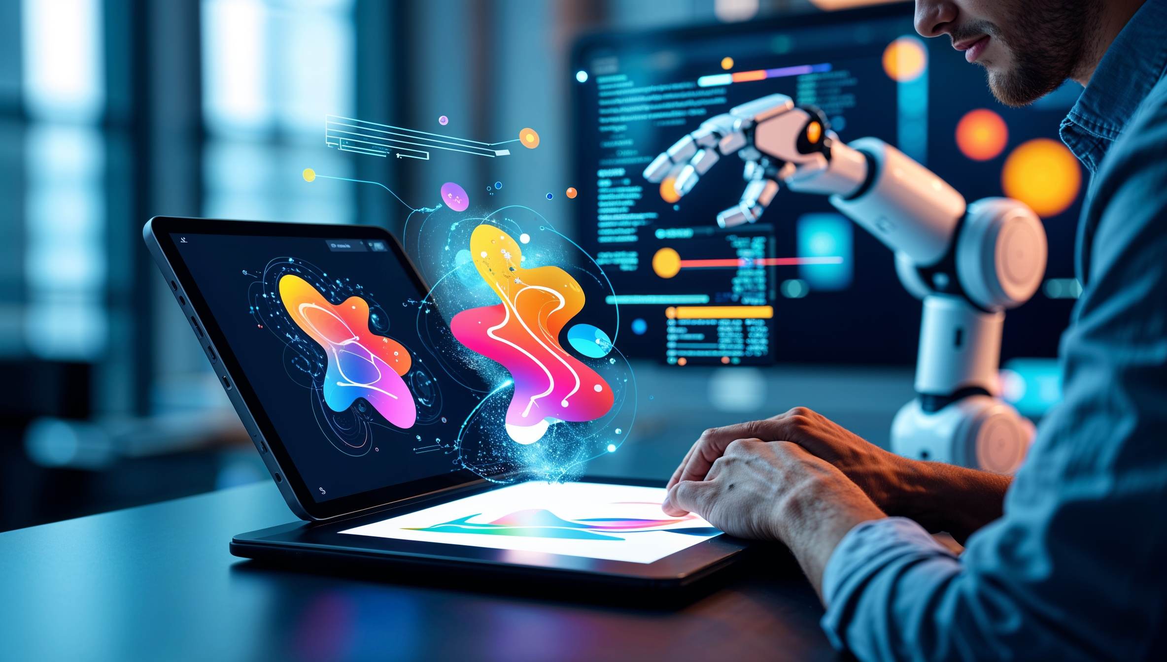 Grafikdesigner erstellt mit KI-Unterstützung ein farbenfrohes Design an einem digitalen Arbeitsplatz.