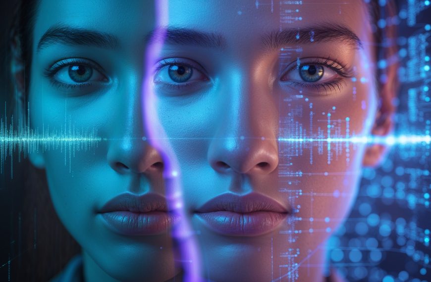 Ein Gesicht geteilt zwischen Realität und digitaler Transformation, symbolisiert den Übergang zur Künstlichen Intelligenz