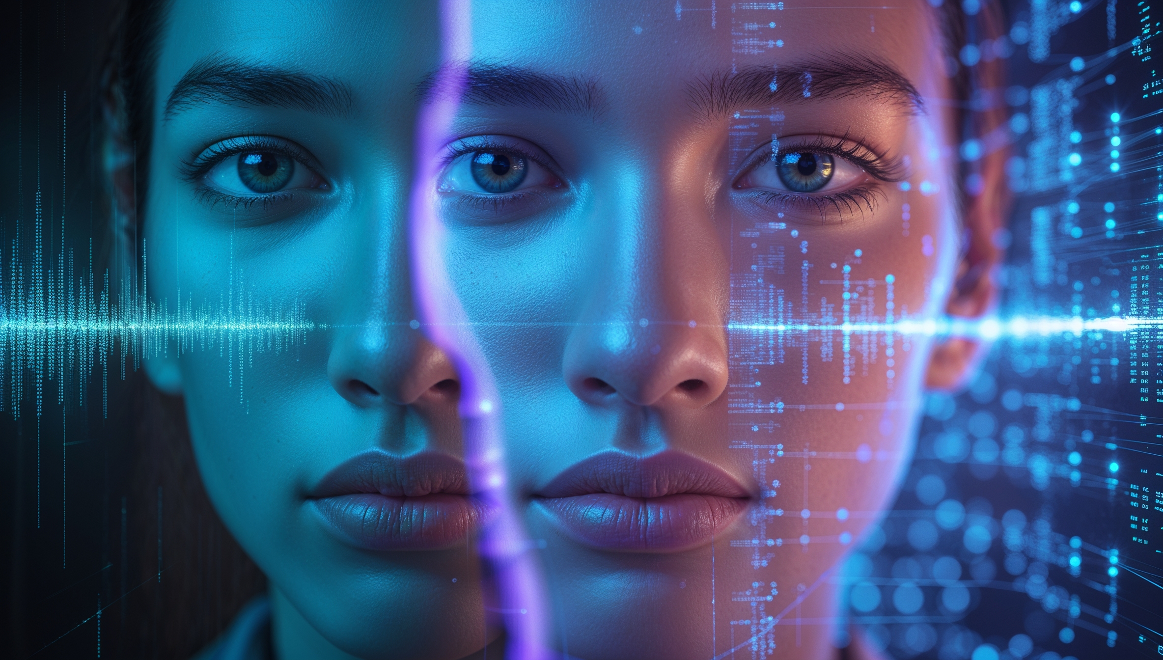 Ein Gesicht geteilt zwischen Realität und digitaler Transformation, symbolisiert den Übergang zur Künstlichen Intelligenz