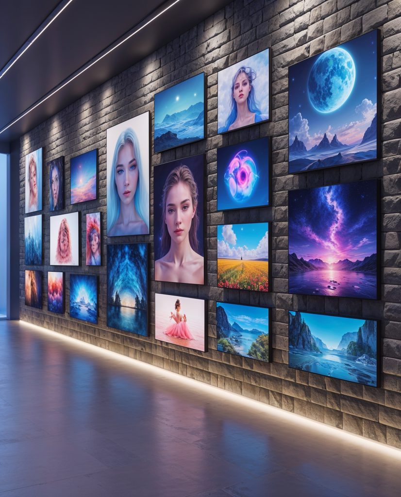 Moderne Kunstausstellung mit KI-generierten Porträts und Landschaften auf leuchtenden digitalen Displays an einer Steinwand.
