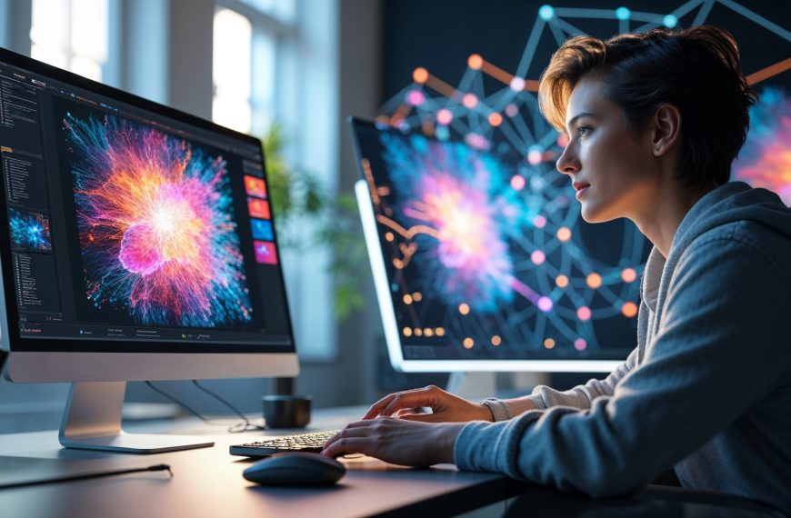Person sitzt konzentriert an einem Computer und erstellt mit KI realistische digitale Bilder, im Hintergrund visuelle Darstellungen neuronaler Netzwerke