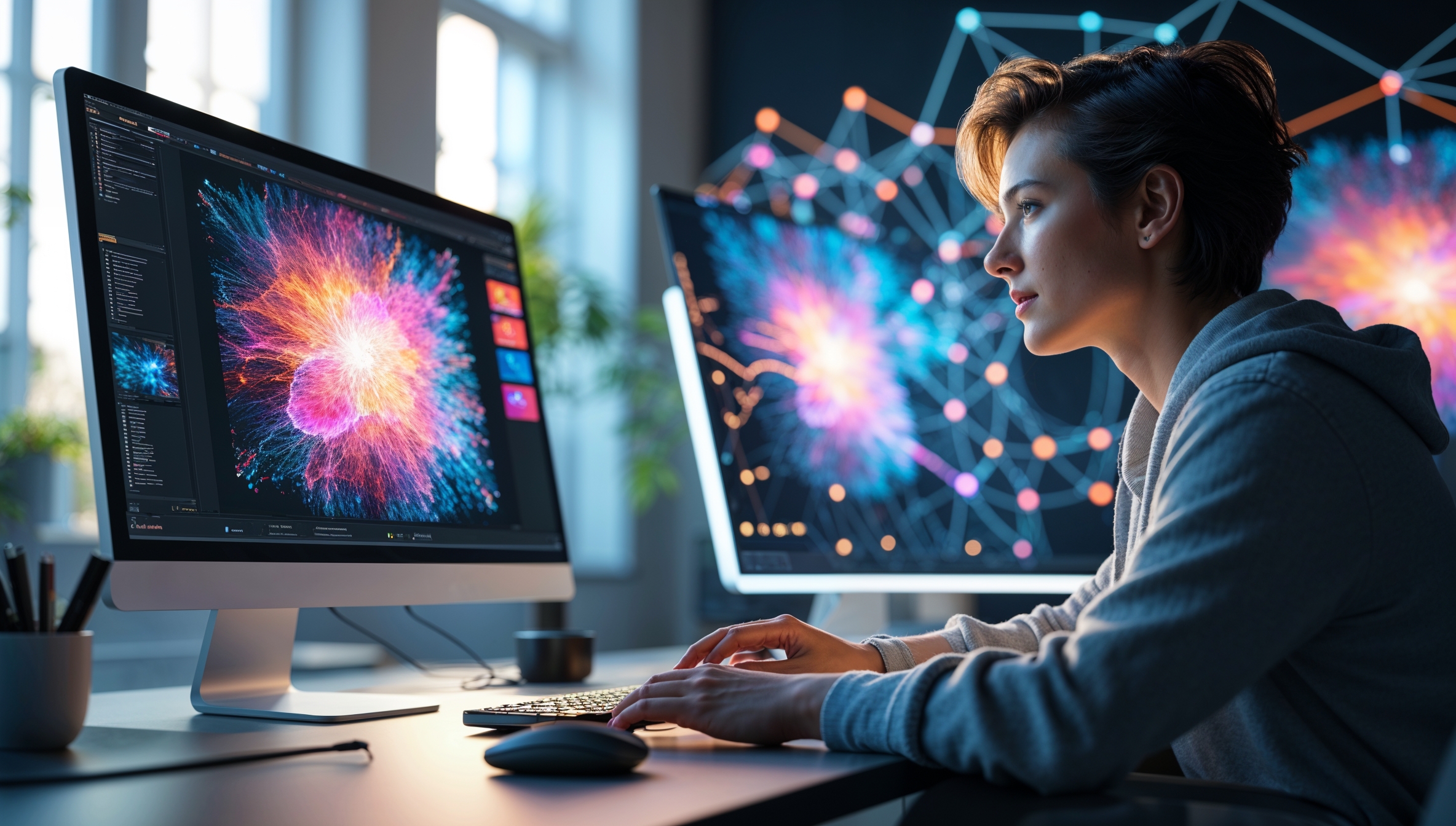 Person sitzt konzentriert an einem Computer und erstellt mit KI realistische digitale Bilder, im Hintergrund visuelle Darstellungen neuronaler Netzwerke