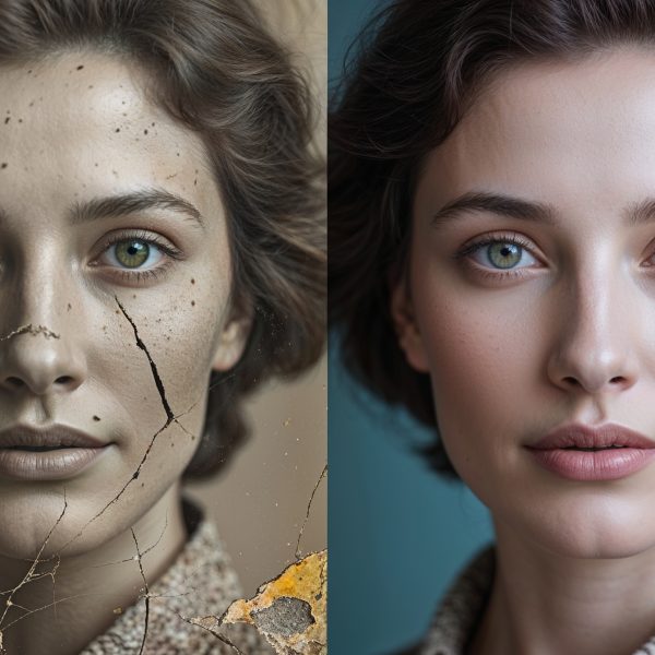 Vergleich einer restaurierten Fotografie: Links beschädigtes, gealtertes Porträt, rechts KI-gestützte Bildrekonstruktion