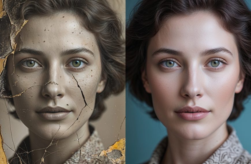 Vergleich einer restaurierten Fotografie: Links beschädigtes, gealtertes Porträt, rechts KI-gestützte Bildrekonstruktion