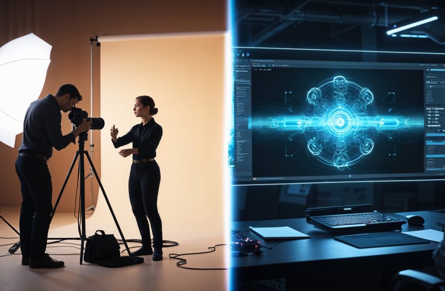 Fotograf und Modell im Fotostudio neben futuristischem Cyborg, der an holografischer Benutzeroberfläche arbeitet