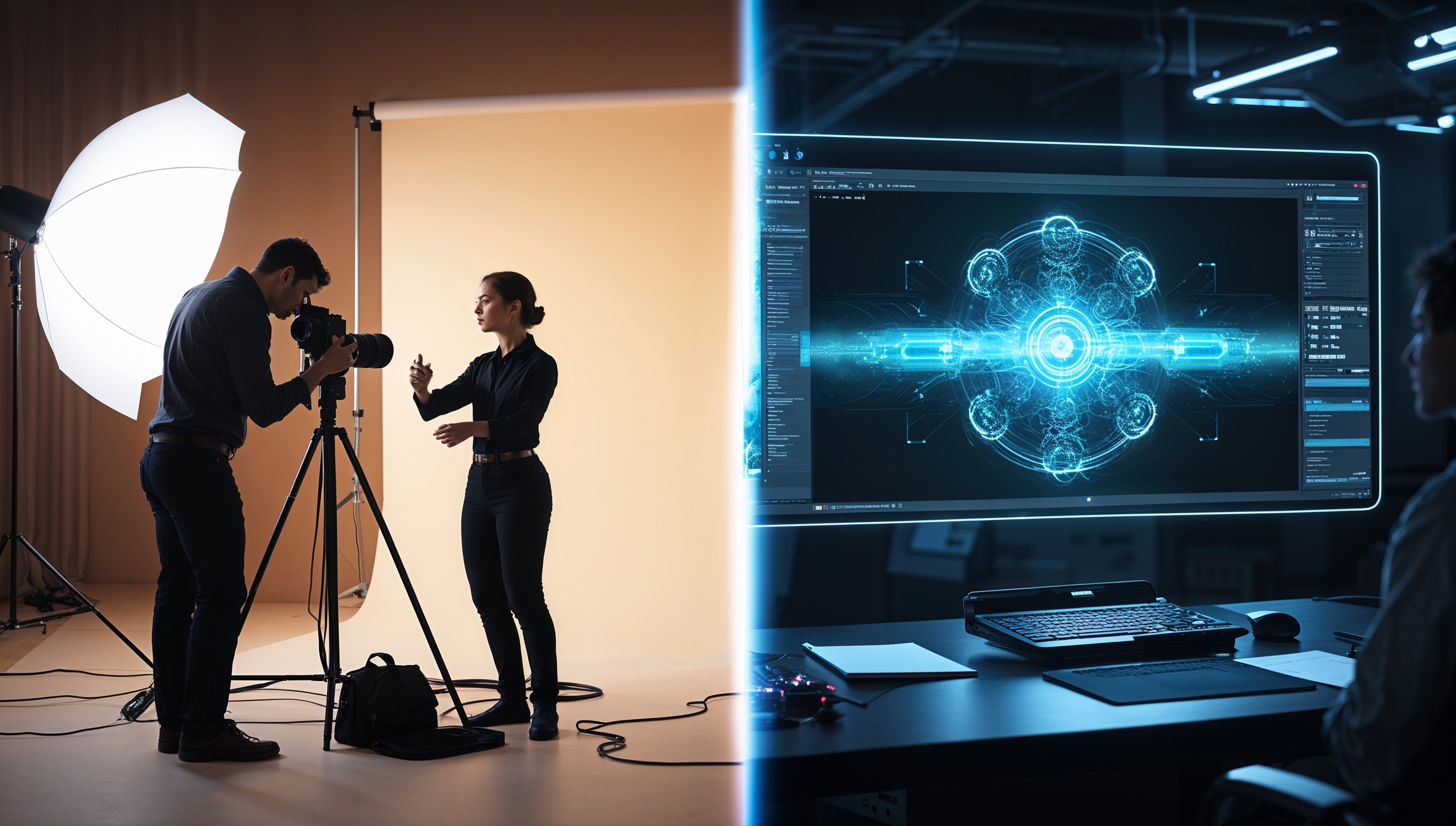 Fotograf und Modell im Fotostudio neben futuristischem Cyborg, der an holografischer Benutzeroberfläche arbeitet