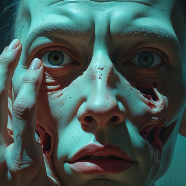 Surreales, düsteres Porträt einer Person mit verzerrtem Gesicht, Horror-Ästhetik, dunkle Atmosphäre und intensive Emotionen
