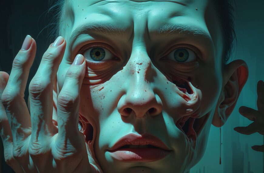 Surreales, düsteres Porträt einer Person mit verzerrtem Gesicht, Horror-Ästhetik, dunkle Atmosphäre und intensive Emotionen